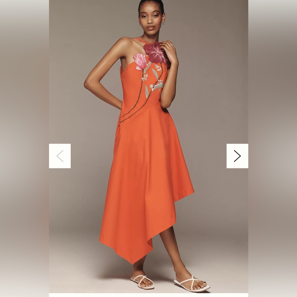 Anthropologie One Shoulder Orange Dress with Floral Design